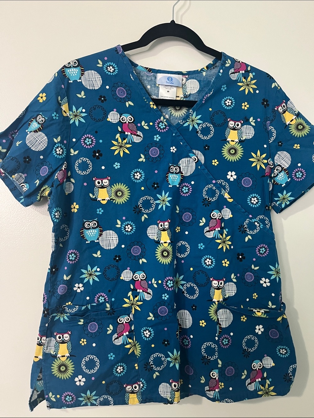 SB Scrubs Teal Floral Owl Cotton Medical Top
